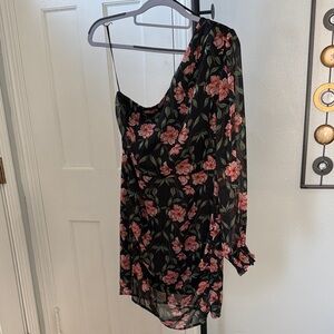 Lost + Wander Black One-Shoulder Dress with Pink Floral Print